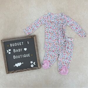 Posh Peanut Pink Floral Ruffle Wrap Top & Footed Pant Layette Set